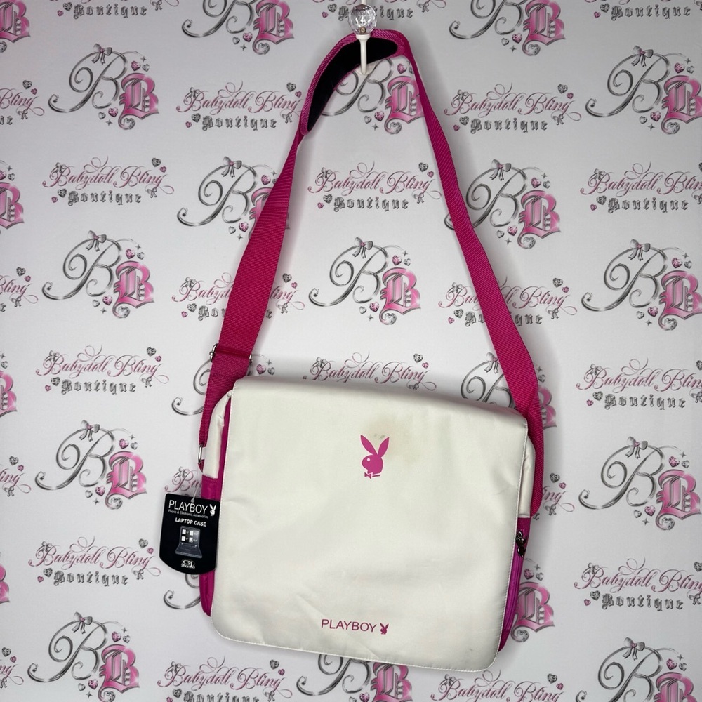 Playboy laptop carry case padded rabbit head zipper pulls White and Pink Bag NWT